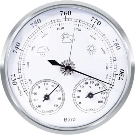 Station météo analogique – Station météo analogique pour usage intérieur et extérieur – composée d'un baromètre, d'un thermomètre et d'un hygromètre (argent, 128 mm) (1/4)