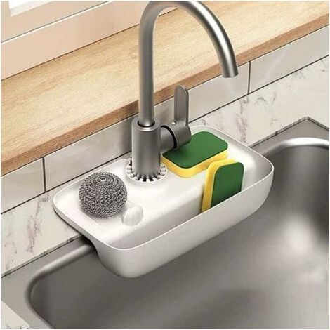Tapis anti-goutte avec poignée de robinet en silicone avec porte-éponge, porte-éponge pour évier de cuisine, tapis de séchage pour comptoir de cuisine et salle de bain (blanc) (1/5)