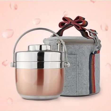 1.5L Boîte de Repas Boîte Alimentaire Garde-chaud Inox avec Sac Isotherme Or rose (1/4)