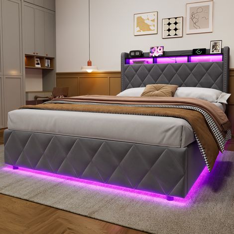 Etagenbett 140/200 cm grigio scuro in velluto con contenitore idraulico, LED e ricarica USB (1/5)