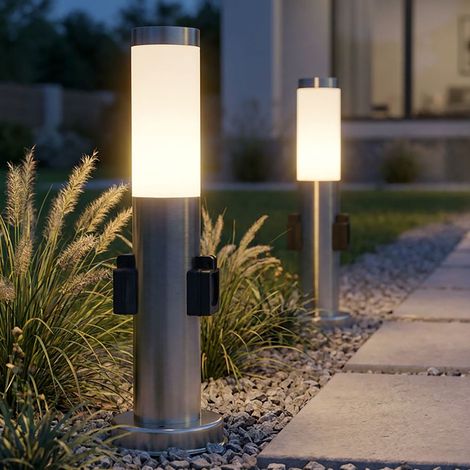 Außenstehleuchte 2x Steckdose Gartenlampe Pollerleuchte Edelstahl Terrassenlampe silber, E27, DxH 8 x 45 cm, 2er Set (1/5)