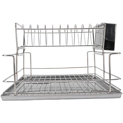 Égouttoir à vaisselle gain de place à 2 niveaux pour plan de travail, en acier inoxydable, avec porte-couverts (1/5)