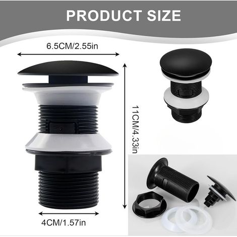Bouchon de lavabo, noir, bonde pop-up, avec trop-plein, bonde universelle pour lavabo et lavabo de salle de bain, noir mat (1/5)