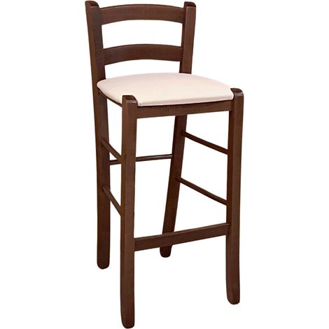 Sgabello in legno noce scuro h 67 seduta imbottita in similpelle beige/crema