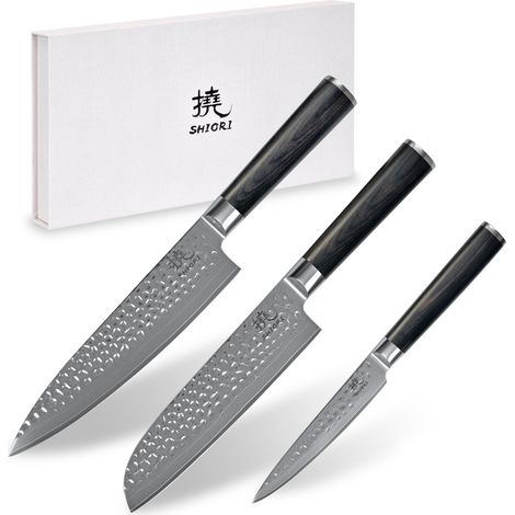 Shiori 3-Set 撓 Kuri Murō + Santoku + Sifu - un juego de tres cuchillos de acero de Damasco (1/5)