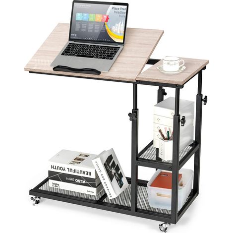 Mesa auxiliar en forma de C con tablero regulable en 5 posiciones y 2 estantes estilo industrial marrón 200014070