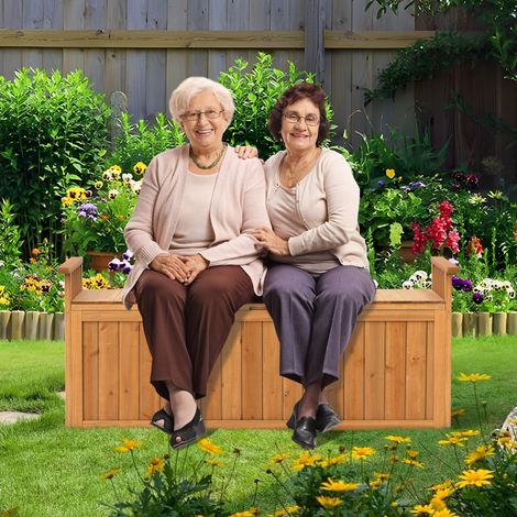 Banc de Rangement en Bois Banc d'Extérieur à 2 Places de 209 L avec Accoudoirs Coffre de Stockage en Bois Charge 100KG Naturel (1/2)