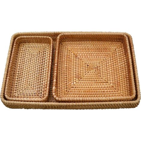 Plateau de Service en Osier, Plateau de Panier Rotin Rectangulaire, Paniers de Service Décoratifs en Tissé Naturel 3pcs (1/5)