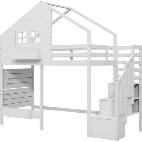 Cama alta infantil 90x200 cm con barandilla, escalera de almacenaje y ventana (1/5)