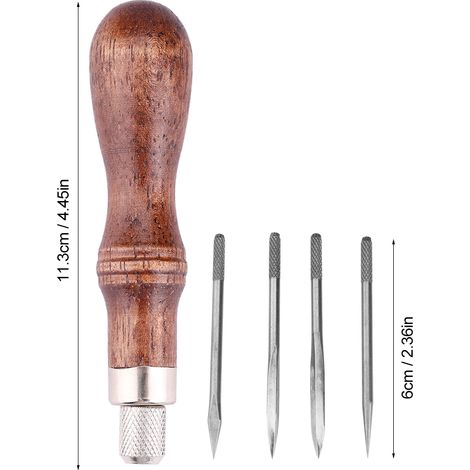 Set mit 4 Ledernähahlen mit Holzgriffen, DIY-Lederbearbeitungsbohrer, Nähahle, Lederlocher für Bastelarbeiten (1/5)