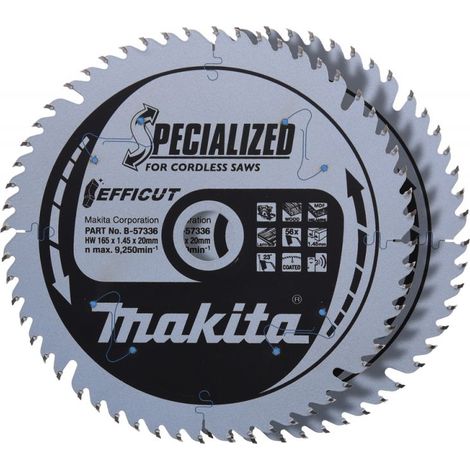 Makita – Lame de scie circulaire 165 mm – B573362 – 56 dents pour bois et MDF – Épaisseur 1,45 mm – 2 pièces EFFICUT