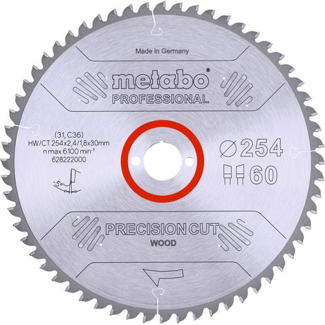Metabo Sägeblatt precision cut wood - professional 254x2,4/1,8x30, Z60, Spanwinkel -5°, Wechselzahn