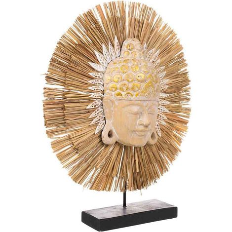 Masque bouddha en bois et fibres naturelles décoration zen - Naturel bois clair et blanc