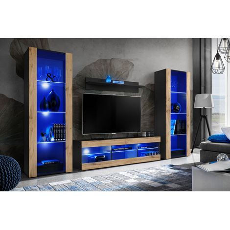 Komodee Ensemble de Meubles Tivoli Grande, Noir/Wotan, Largeur 250cm x Hauteur 159cm x Profondeur 35cm, LED Blu, 3 étagères, pour Salon, Chambre, Entrée