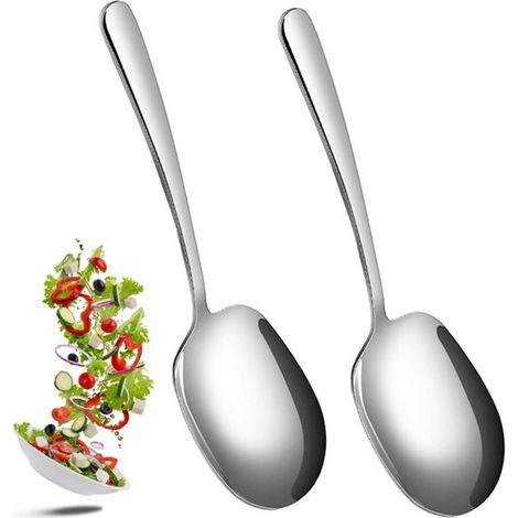 Ensemble de 2 cuillères de service en acier inoxydable à long manche - Couverts à salade - Grande cuillère de service à salade (1/5)