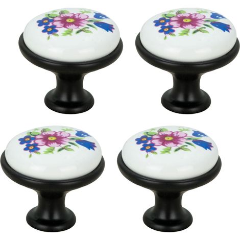 x Pomo redondo para muebles de cerámica negra con diseño floral retro (1/5)