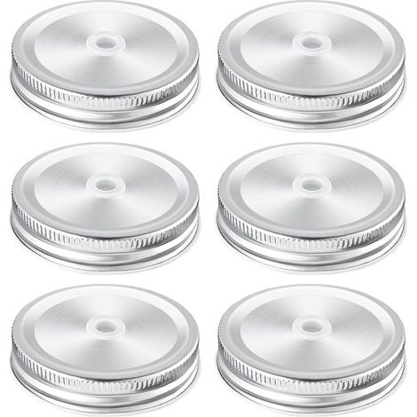 Lot de 6 couvercles de bocaux Mason avec trou de paille 70 mm Couvercles de Pots Mason pour bocaux à ouverture normale, couvercles, Argentés (1/5)