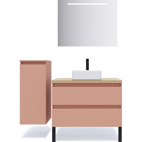 Meuble de salle de bain suspendu vasque à poser 90cm 2 tiroirs Abricot + miroir + colonne ouverture gauche - Hudson (1/5)
