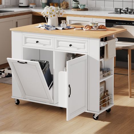 Meuble de cuisine îlot mobile à roulettes, plateau extensible avec prises, blanc et naturel DESVIAE (1/5)