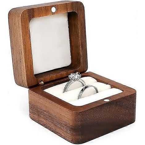 Boîte à bagues carrée en bois pour 2 bagues, faite main, coffret à bijoux de rangement, cadeau de fiançailles ou de mariage pour épouse. (1/5)