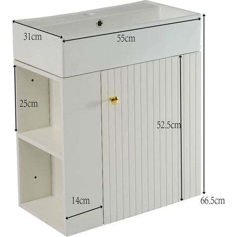 Lavabo suspendu avec meuble sous-vasque blanc 55 cm, rangement mural pour salle de bain d’invités, petit meuble vasque design, équipement sanitaire compact. (1/5)