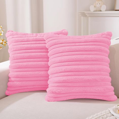 Lot De 2 Soft Housse De Coussin 45x45, Housse Coussin Carré en Peluche en Fausse Fourrure, Décoration Intérieure Cushion Covers Douce À Rayures, Maison Salon Chambre, Rose (1/5)