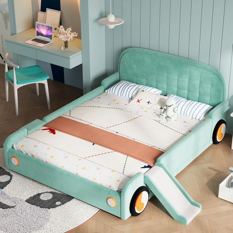 Lit enfant 140x200 cm voiture avec toboggan et échelle réversibles, velours bleu-vert (1/5)