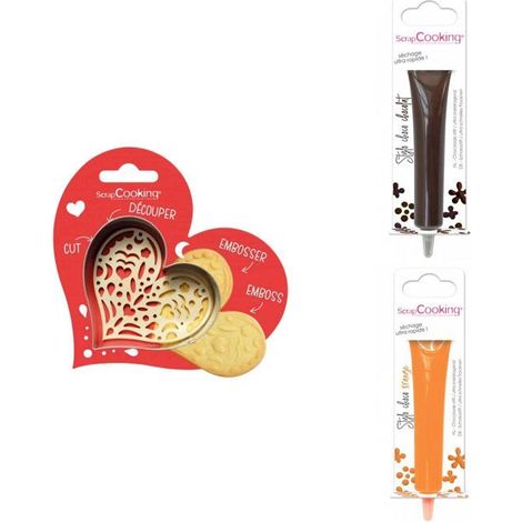 Kit pour biscuit en relief Coeur + 2 Stylos au chocolat marron et orange (1/3)