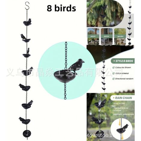 Guirlande de pluie extérieure noire, lot de 8 (100 cm), motif oiseaux - Décoration en fer forgé pour jardin, cour et terrasse - Drainage (1/4)