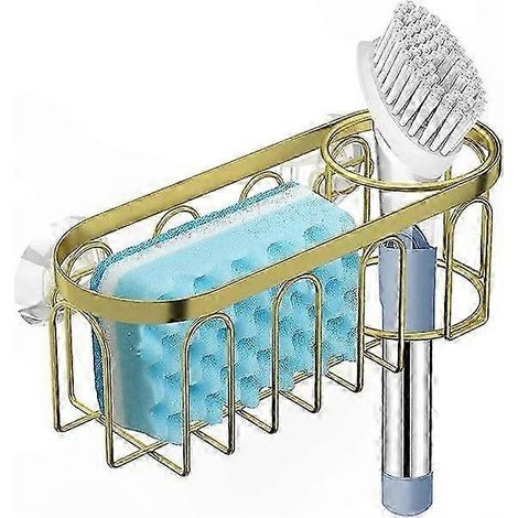 Goldener Abtropfkorb für Schwämme und Reinigungszubehör, Küchenutensilienhalter, Spülbeckenorganizer aus Metall, Messing-Finish, Wand- oder Arbeitsplattenaufbewahrung, Einzelset, praktisch und elegant (1/5)