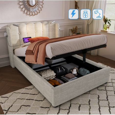 CHICFURN Letto contenitore 90x200 cm in lino naturale con luce da lettura e USB, senza materasso (1/5)