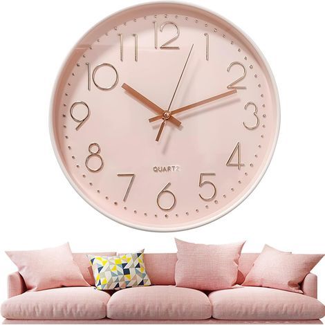 30cm Round Wall Clock No Ticking Sound, Modern Quartz No Ticking Noise Wall Clock, Kids Wall Clock, Large Wall Clock, Silent Wall Clock Movement (Pink/Gold) (1/5)