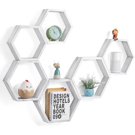 Lot de 6 étagères Hexagonales Flottantes à Montage Mural, pour Ferme, Bois en nid d'abeille, étagère Murale en nid d'abeille, Décoration de Maison, Bureau, Gris et Blanc (1/5)