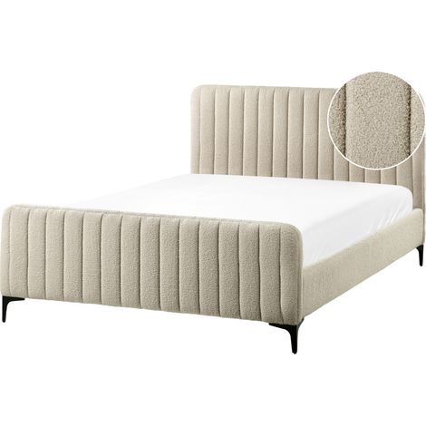 Cama con somier de bouclé con cabecero acolchado patas de metal beige 140 x 200 cm Lunan