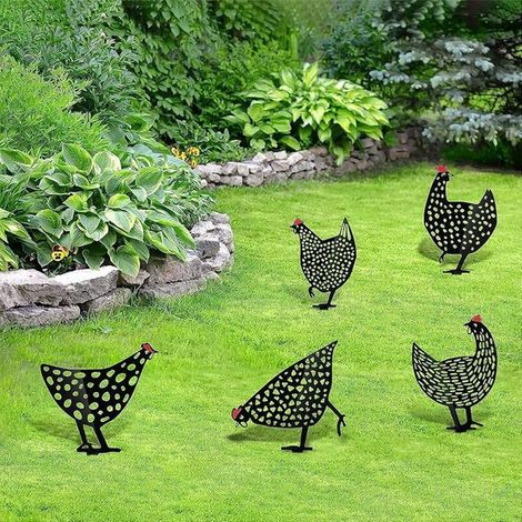 5 statuettes poules jardin, silhouette animale en fer, décoration extérieure pour pelouse et arrière-cour (1/5)