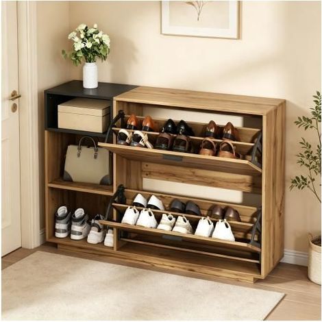 Meuble À Chaussures 120x32x84,5cm Design Bois/Noir - Rangement Chaussures - 3 Niches Ouvertes, 2 Portes Abattantes, 12 Paires (1/5)