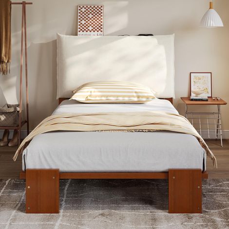 Lit capitonné, lit simple, lit enfant, tête de lit rembourrée avec fermeture Velcro, sommier à lattes robuste, pieds de lit plus larges, pin + mousse + contreplaqué, marron foncé, 90x200cm, garanti... (1/5)