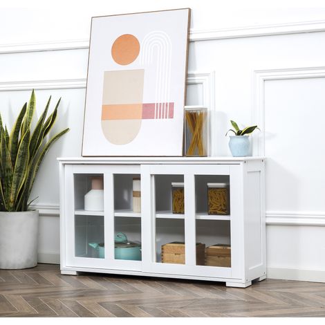 Modernes Küchen-Sideboard, Beistellmöbel mit 2 Glasschiebetüren und verstellbarem Einlegeboden, 107 x 33 x 62,5 cm, Weiß