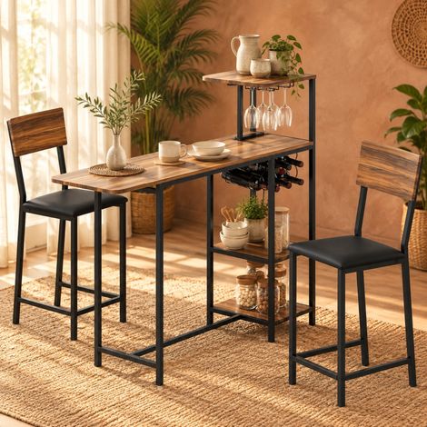 Conjunto de mesa alta con 2 taburetes, extensible 110-140 x 40 cm, MDF y metal, marrón (1/5)