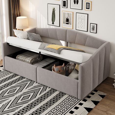 Letto divano imbottito classico in velluto grigio chiaro 90x200 cm con testiera, braccioli, vano contenitore idraulico e rete a doghe