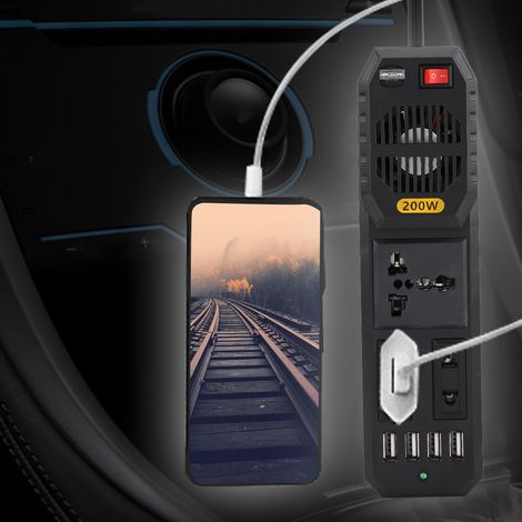 Convertisseur de courant pour voiture 200 W CC 12 V vers CA 220 V avec prise allume-cigare et interface USB, modèle universel (1/5)