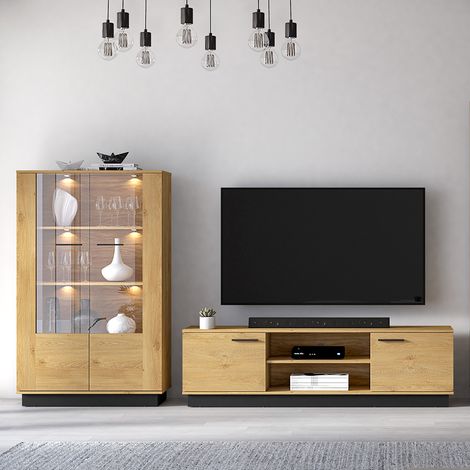 Wohnzimmer-Set mit Vitrine & Lowboard, inkl. LED Beleuchtung, Eiche modern 2-teilig MARSALA-131 (1/5)