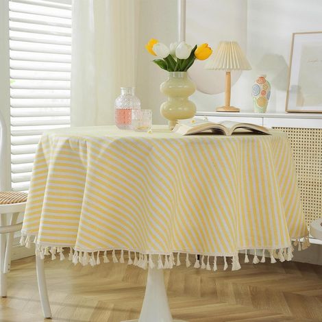 Gestreifte Tischdecke mit Quasten, abwaschbar, 120 cm rund, gelb-weiß