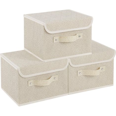 3 Boîte de Rangement Tissu Couvercle Poignées Pliable Vêtements Livres Chaussettes 26x20x17cm Gris Beige