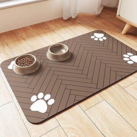 Alfombrilla absorbente para comederos de mascotas, apta para gatos y perros (40 cm x 60 cm, marrón oscuro, 1 unidad). (1/5)