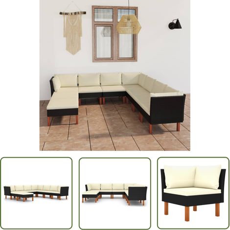 INLIFE Salon de jardin 9 pcs avec coussins Résine tressée Noir (1/5)