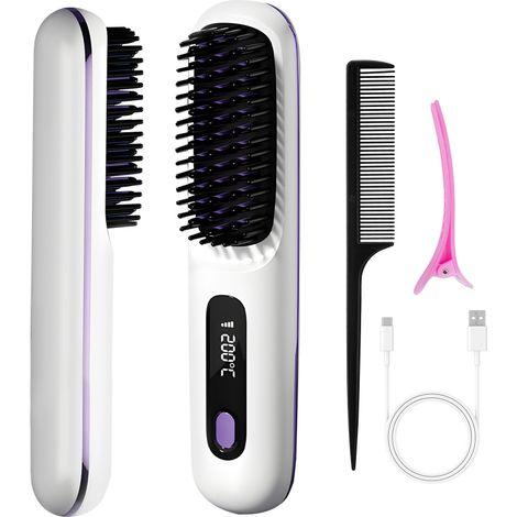 Peigne Lisseur Chauffant Femme Revêtement Céramique Anti-brûlure Chauffage Rapide Température Réglable 160-200°C Adapté Tous Types Cheveux Lissage Cheveux Professionnel