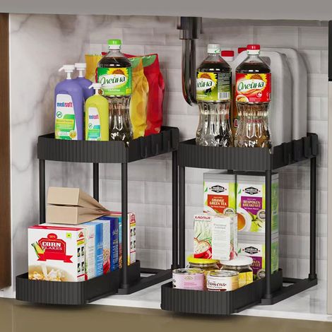 Ensemble de 2 étagères extensibles, organisateur sous évier, rangement pour cuisine et salle de bain – (1/5)