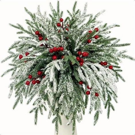Branches De Pin Artificiel - Avec Baies Rouges - 19,3 Pouces - Pour Couronnes Et Dispositions Florales De Noël - 10 Pièces (1/5)