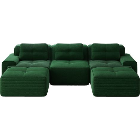 Sofá modular en U verde de pana con otomana, 3 plazas, sin montaje (1/5)